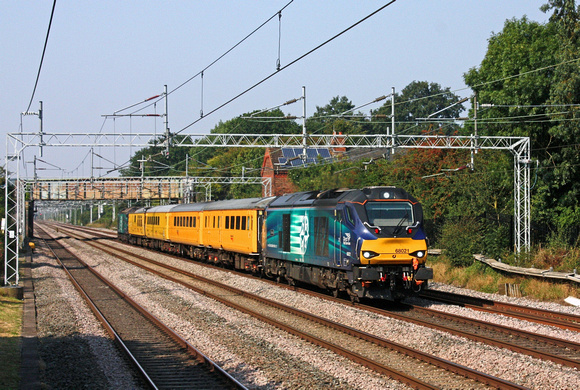 DRS 68021 'Tireless'  and 68005 Top and Tail test train seen racing through Cathiron near Rugby on 14.9.16 with 1Q27 1229 Crewe C.S. (L&Nwr Site) - Derby R.T.C.(Network Rail) via Wembley working