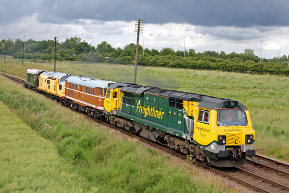 70001'PowerHaul' with D5830, 37198 & D8098 for loading testing  and other special tests at Woodthorpe, GCR on 4.7.12 running wrong line between Loughborough and Rothley