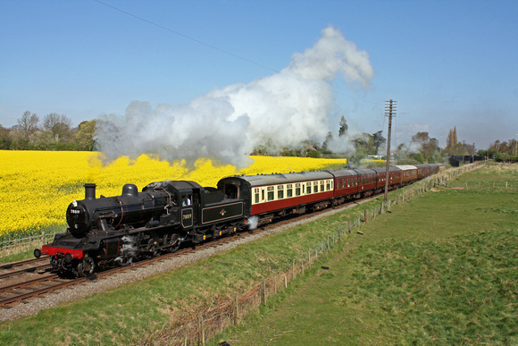 BR Standard Class 2 2-6-0 No 78019 at  Woodthorpe  alongside a glorious rapeseed field on 16.4.14 with 1015 Loughborough - Leicester North service at the GCR Easter Mid Week Event