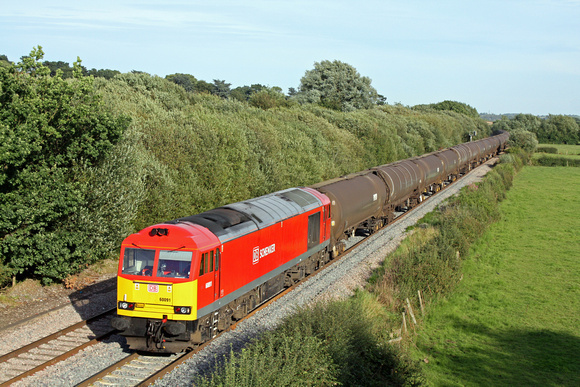 DB Schenker livery 60091at Barrow Upon Trent heading towards Stenson Junction on 1.9.12 with 6V70 SO 1411 Lindsey OR - Didcot TC loaded bogie oil tanks