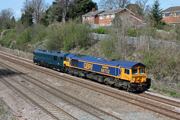 GBRf 66752 'The Hoosler State' drags Caledonian liveried 92023 past Barrow Upon Soar ,MML on 14.4.15 with 0Z51 1332 Loughborough Brush - Crewe following rectification work at Brush