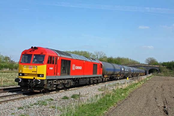 60001 in DB Schenker livery waits at Stenson Bubble heading towards Stenson Junction on 20.4.15 with 6M00 1140 Humber Oil Refinery - Kingsbury Oil Sdgs loaded blue bogie tanks