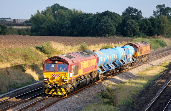 Euro Cargo Rail  66045 & 66245 t'n't  3J93 1203 West Ham N Junction - Toton TMD RHTT  on 9.10.12 at Hathern Old Station, MML north of Loughborough seen in the low sun and shadows