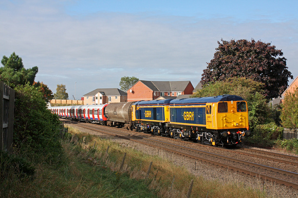 HN Rail 20901 leads  20905 now in GBRf livery with 20096 & 20107( rear) at Melton Mowbray on 10.10.12 with 7X09 1142 Old Dalby - Amersham S Stock train heading for Melton Station and loop to reverse