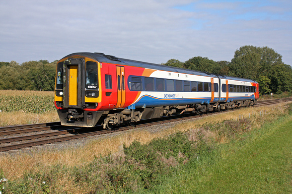 EMT Class 158 158857 at East Goscote heading towards Syston East Junction on 10.10.12 with 5Z49 Nottingham - Nottingham via Melton Mowbray on driver training