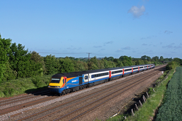 EMT HST 43082 with rear Power Car 43075 dashes through Cossington, MML on 6.6.15 with 1B18 0730 Nottingham - St Pancras International service in lovely early morning light