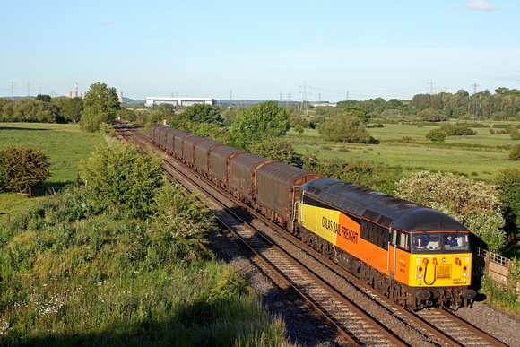 Colas Rail 56078 glides through Weston on Trent on 6.6.15 heading towards Stenson Junction with 6M08 1720 Boston Docks - Washwood Heath Met.Cammel loaded covered steel carriers in lovely evening light