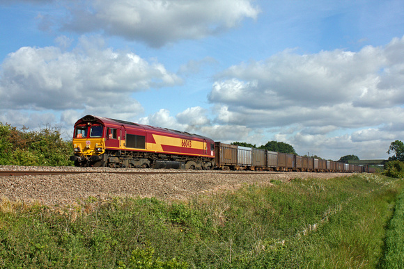 66043 heads along the slowline at Cossington, MML on 10.6.15 with 6E83 1537 Hotchley Hill East Leake - Milford West Sidings empty gypsum containers