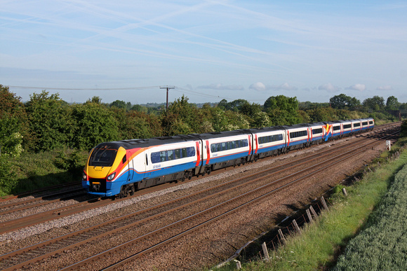 EMT Meridians 220014 & 220013 at Cossington, MML heading towards Leicester on 15.6.15 with 1C17 0649 Sheffield - St Pancras International service