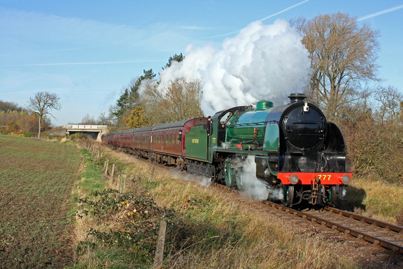 S.R. King Arthur Class No 30777'Sir Lamiel' in Malachite green livery at Thurcaston, GCR on 18.11.12 with 1130 Loughborough - Leicester North service at the GCR Steam Enthusiasts Weekend  Special