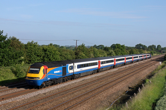 EMT HST 43050 & 43075 at rear races through Cossington, MML  near Leicester on 27.6.15 with 1B18 0730 Nottingham to St Pancras International service. MML Electricification has now been 'paused' wef 25