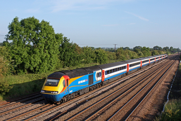 EMT HST 43054 & 43089 at rear charges through Cossington, MML  near Leicester on 27.6.15 with 1B13 0632 Nottingham - St Pancras International service. MML Electricification has now been 'paused' wef 2