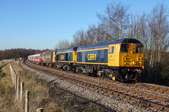 20901+20905 looking fantastic in GBRF colours lead 20311+20314 (rear) at Hicks Lodge, Moira heading towards Bardon Hill 5.12.12 with 7X23 0933 Derby Litchurch Lane - Old Dalby LUL S Stock for testing