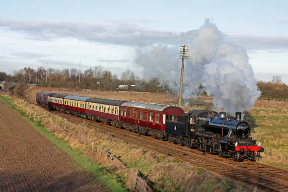 LMS Ivatt Class 2 2-6-0 No 46521 at Woodthorpe, on 15.12.12 with 1315 'The South Yorkshireman' Loughborough - Leicester North GCR dining train and the Directors Saloon ,999503, the Arrowvale Belle