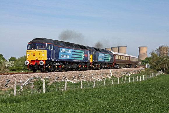 47810 'Peter Bath MBE' & 47832 'Solway Princess' at Willington Fields heading towards Uttoxeter on 4.5.11  5Z48 1445 Doncaster - Crewe  ECS of 2 Northern Belle sleeper coaches 10734 & 10729 after repa