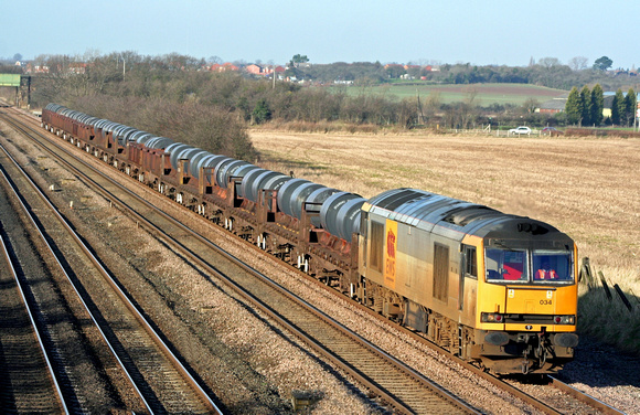 60034 at Cossington, MML heading towards Syston East Junction on 8.2.08 with 6V92 1010 Corby BSC - Margam empty steel coil wagons