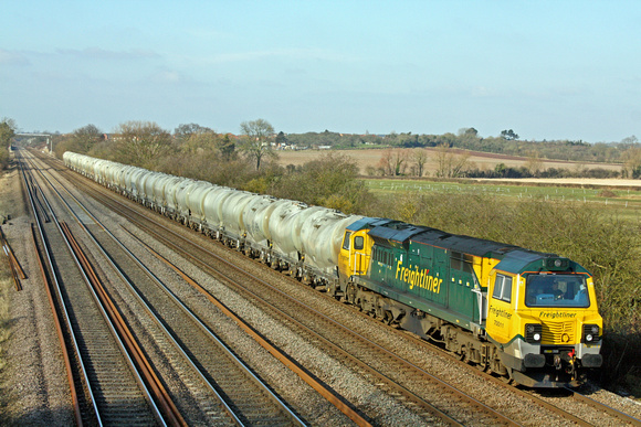 70011 at Cossington, MML heading towards Syston East Junction on 27.2.13 with 6L87 1237 Earles Sdgs - West Thurrock  loaded PCA cement tanks