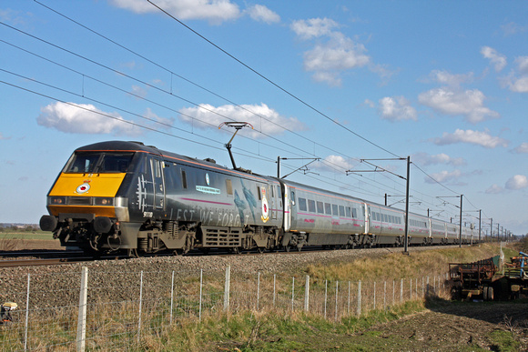 91110'Battle of Britain Memorial Flight' with Flying Scotsman DVT 82205 at rear at Claypole near Newark on 3.4.13 with 1505 London Kings Cross - Leeds service