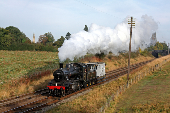 BR Standard Class 2 2-6-0 No 78019 at Woodthorpe on 5.10.14 heading to Swithland Sidings with a brake van from Loughborough Station at the GCR Autumn Steam Gala 2 - 5 October 2014