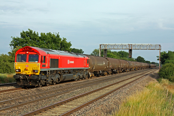 DB Schenker livery 66152'Derek Holmes Railway Operator' at Cossington, MML  heading north towards Sileby Junction on 11.7.11 with 6E38 1354 Colnbrook - Lindsey Oil Refinery empty bogies tanks