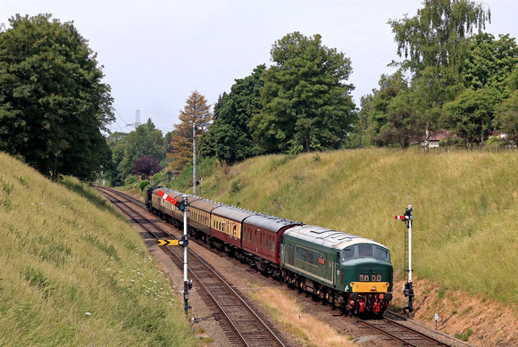 Class 45 No D123 passes a fine array of signals at Rothley on 17.6.23  with 2C27 1330 Loughborough to Rothley Brook service  at GCR 50th Anniversary Celebration Weekend. At the rear is steam loco 8F 4