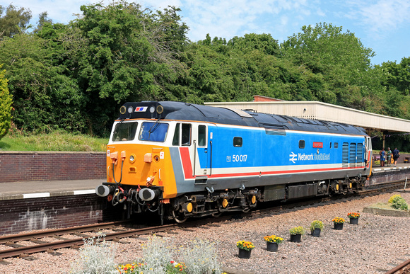 Preserved Class 50 No 50017 'Royal Oak' runs round at  the well kept Leicester North station on 25.6.23 after arriving with 1100 service from Loughborough