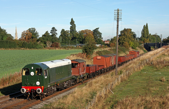 D8098 deputises for Standard 2 steam loco 78019  at Woodthorpe on 6.10.13 with 0930 Loughborough - Swithland Sdgs demo freight at the GCR  Autumn Steam Gala October 2013