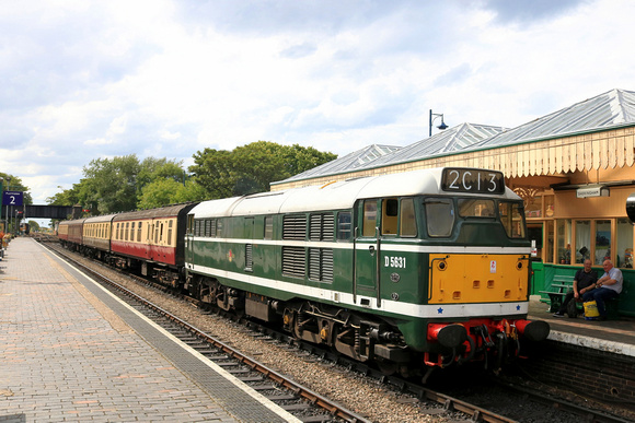 Brush Type 2  Class 31 No D5631 arrives at Sheringham Station on 10.7.23 with 1525 Holt to Sheringham  Heritage Diesel service on the North Norfolk Railway