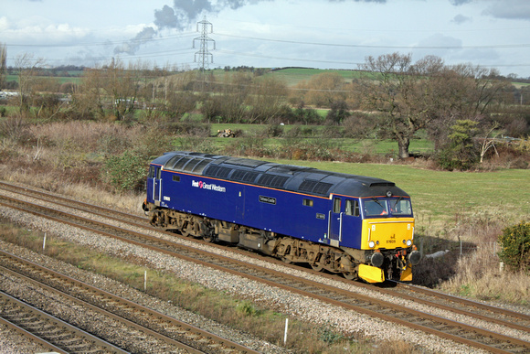 FGW 57605'Totnes Castle' runs round at Loughborough North on 27.1.12 working 0Z57 0930 Old Oak Common - Loughborough Brush move. The 57 is going to Brush Works for crash repair damage