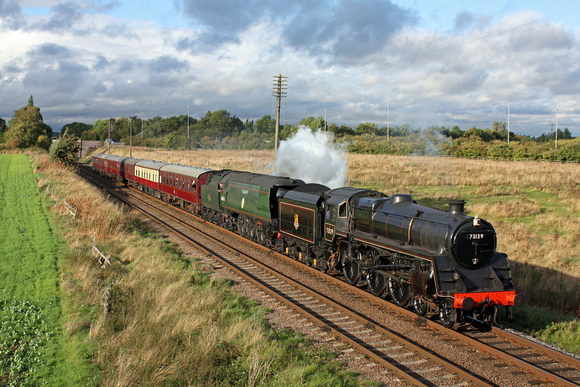 Special guests Standard 5 Caprotti,No 73129  & SR Battle of Britain Class No 34070'Manston' Woodthorpe 4.10.13 double head the 1600 Loughborough - Leicester North service, GCR  Autumn Steam Gala 2013