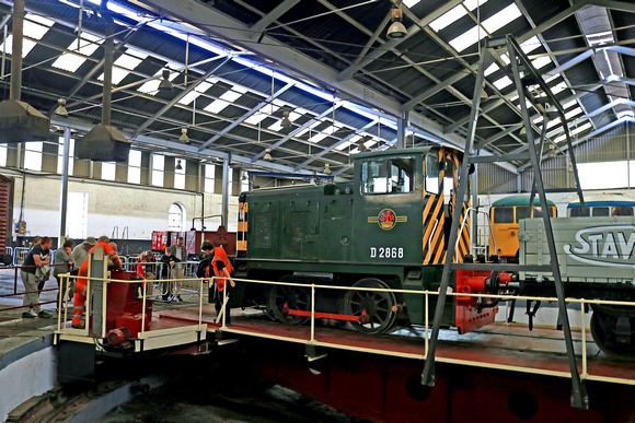 Preserved Class 02 No D2868 stands on the turntable at Barrow Hill Roundhouse Museum on 16.7.23 being used for turntable demostration purposes