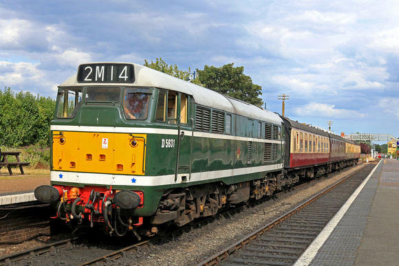 Brush Type 2  Class 31 No D5631 waits to depart Sheringham Station on 10.7.23 with 1605 Sheringham to Holt Heritage Diesel service on the North Norfolk Railway