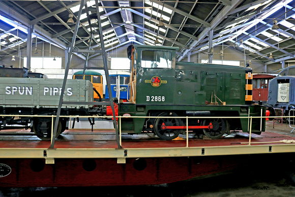 Preserved Class 02 No D2868 stands on the turntable at Barrow Hill Roundhouse Museum on 16.7.23 being used for demo purposes