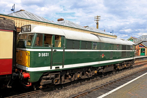 Brush Type 2  Class 31 No D5631 waits to be released at Sheringham Station on 10.7.23 from 1525 Holt to Sheringham  Heritage Diesel service on the North Norfolk Railway