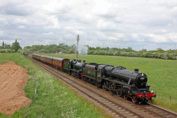 Black Five 45305 & Guest loco S&DJR 7F 2-8-0 No.53808 pass Woodthorpe on 22.5.16 with 2A32 1500 Loughborough - Leicester North service at the GCR Railways at Work Gala May 2016