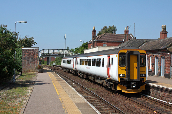 Abellio Greater Anglia Class 156 No 156422 arrives at Acle station on 8.6.16 with 2P18 1036 Norwich - Great Yarmouth service