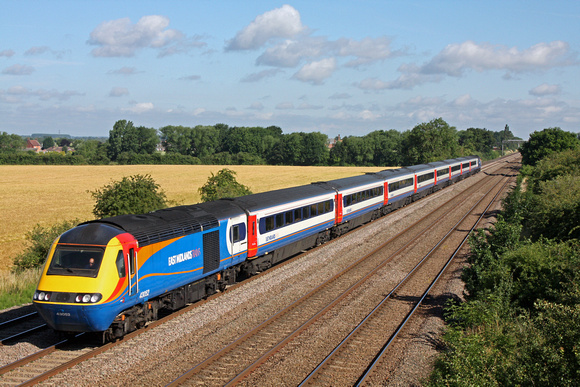 EMT HST 43052 with 43049 at rear dashes through Cossington, MML heading towards Leicester on 7.7.14 with 1C22 0746 Sheffield - St Pancras International service
