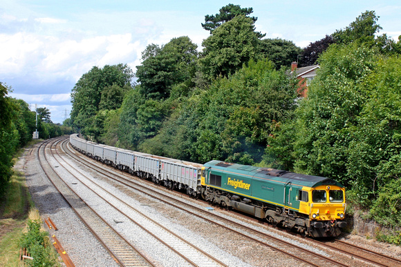 Freightliner 66619 'Derek W Johnson MBE' passes Barrow upon Soar, MML  on 7.8.17 with 6Z38 0656 Tunstead Sdgs - Peterborough West Yard loaded  JNA grey Tarmac aggregate wagons