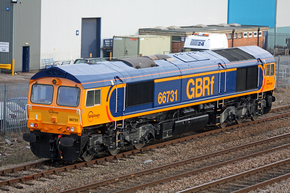 66731 in new GBRf Europorte livery after re-painting at Brush Traction at Loughborough Holding Sidings on 10.1.11 with 0M92 1410 Loughborough Brush - Daventry GBRf light engine movement