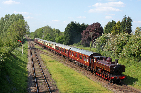 First time visit of GW Pannier Tank L92 in LT red livery approaches Quorn & Woodhouse station on 18.5.14 with 1615 Loughborough - Leicester North service at the GCR Classic & Vintage Vehicle Fest