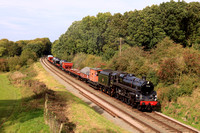 BR Standard Class 5 No 73156 passes Kinchley Lane on 8.10.23 with 9C23 1330 Loughborough to Rothley Brook mixed demo freight at GCR Autumn Steam Gala Oct 2023