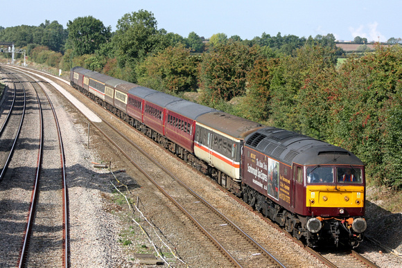 West Coast loco  47826 at Normanton on Soar heading towards Loughborough on 18.9.09 with 5Z47   1000 Carnforth-Norwich empty stock for a charter the following day.  47787 is at the rear