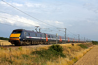 91112 still in dark grey GNER livery with DVT 82200 at rear on 2.8.11 at Frinckley Lane, Marston near Grantham ECML  with 1N27 1730 Kings Cross - Newcastle service
