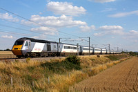 East Coast HST 43305 & silver grey livery 43315 at Frinkley Lane, Marston ECML heading towards Newark on 19.8.11 with 1605 Kings Cross - Leeds service