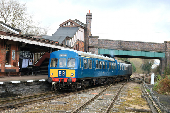 BR Metro-Cammell Class 101 DMU E50266+M50203 arrives at Quorn and Woodhouse station, GCR on 2.3.24 with 1250 Loughborough to Leicester North Railcar service
