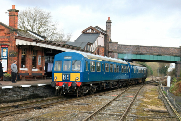 BR Metro-Cammell Class 101 DMU E50266+M50203 is seen arriving at Quorn and Woodhouse station, GCR on 2.3.24 with 1250 Loughborough to Leicester North Railcar service