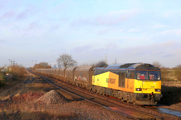GBRf Class 60 60087 'Bountiful' still in former operators livery at Whitley Bridge on 13.1.20 with 6H12 0624 Tyne Coal Terminal Gbrf to Drax Aes (Gbrf) loaded biomass hoppers