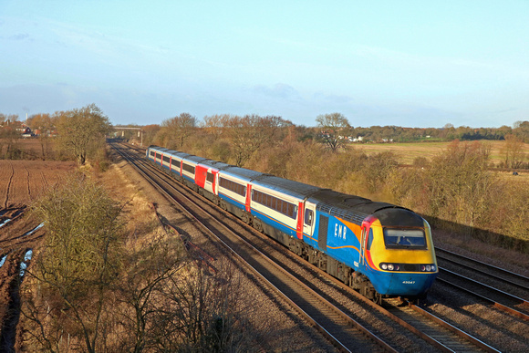 EMR HST 43047 with 43049 at rear charges along the Midland Mainline at Cossington on 3.1.20 with 1B48 1345 Nottingham to St Pancras International service
