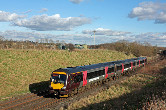XC Class 170 No 170637 passes through Copley's Brook Cutting west of Melton Mowbray on 10.2.16 with 1N53 1127 Stansted Airport - Birmingham New Street service