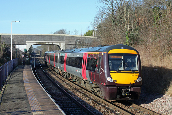 XC Class 170 No 170106 passes through South Wigston Station  on 16.2.16 with 1L34 0922 Birmingham New Street - Stansted Airport service
